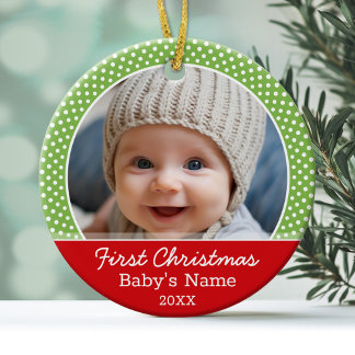 Baby's First Christmas Photo - Red Green polka dot Ceramic Ornament