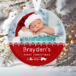 Baby's First Christmas Photo Red Ornament<br><div class="desc">Celebrate baby's first Christmas with this keepsake ornament,  featuring white snowflakes and text on a red background. Personalize it with baby's photo and name.</div>