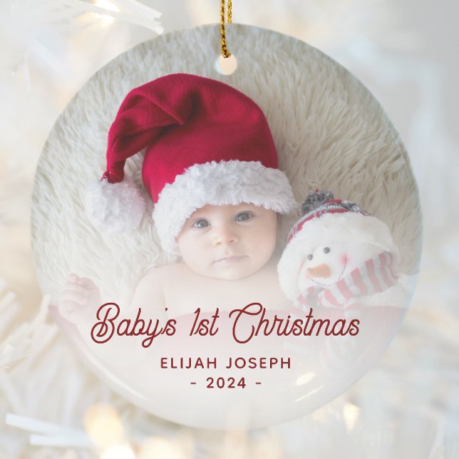 Baby's First Christmas Photo Red Retro Script Ceramic Ornament (Creator Uploaded)
