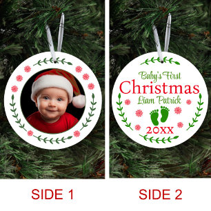 Babys First Christmas Photo Red Snowflake & Laurel Ceramic Ornament