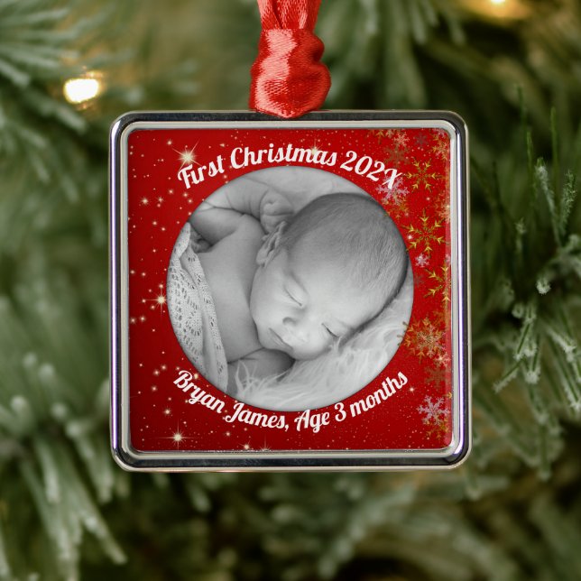 Baby's First Christmas Photo Red Twinkling Stars Metal Ornament (Tree)