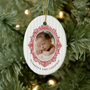 Baby's First Christmas Photo Red Vintage Frame Ceramic Ornament