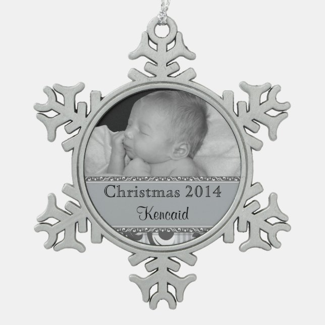 Baby's First Christmas Photo Silver Snowflake Pewter Christmas Ornament (Front)