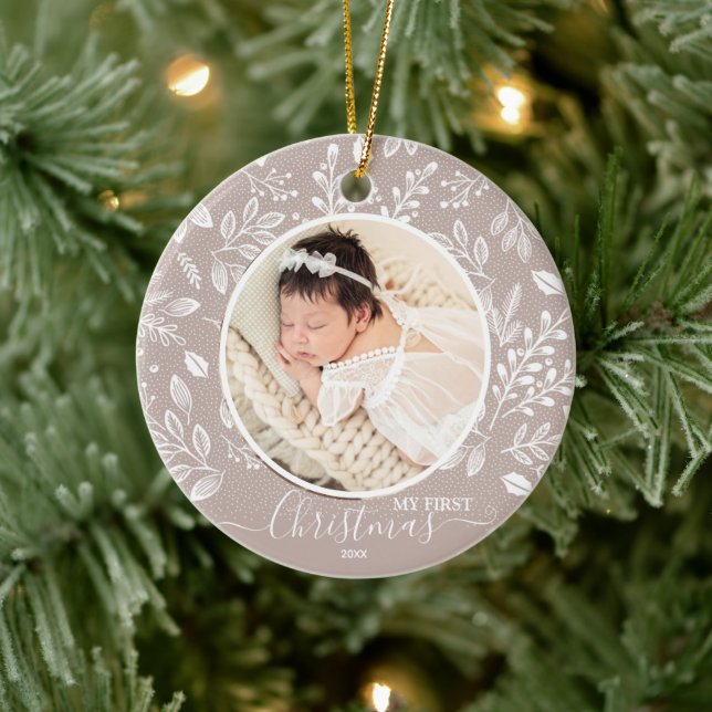 Baby's First Christmas Photo Taupe Ceramic Ornament (Tree)