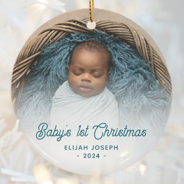 Baby's First Christmas Photo Teal Retro Script Ceramic Ornament (Creator Uploaded)