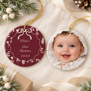 Baby's First Christmas photo wildflowers burgundy Ceramic Ornament