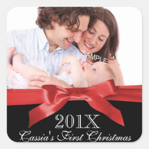 Baby's First Christmas Photo with Red Ribbon Square Sticker