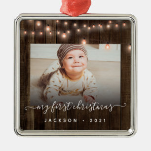 Baby's First Christmas Photo Wood and Lights  Metal Ornament