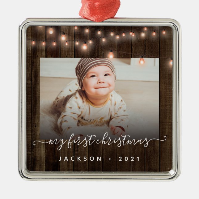 Baby's First Christmas Photo Wood and Lights  Metal Ornament (Front)