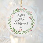Baby's First Christmas Photo Wreath Black Text Ceramic Ornament<br><div class="desc">This design features a watercolor Christmas wreath surrounding your baby's name,  "First Christmas, " and the year in whimsical black printing and handwriting fonts. Customise the reverse side with a favourite photo of your baby,  encircled by the same wreath.</div>