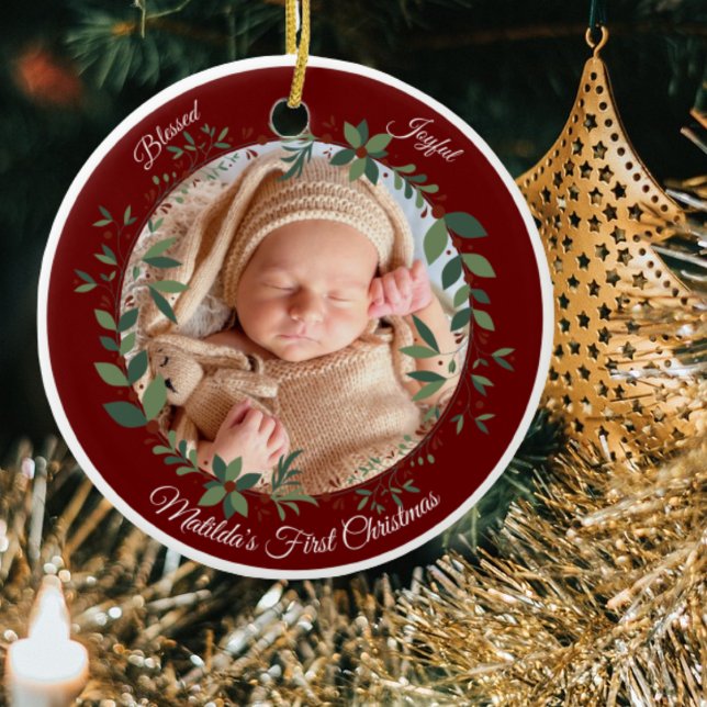 Babys First Christmas Photo Wreath Christmas Ceramic Ornament (Creator Uploaded)