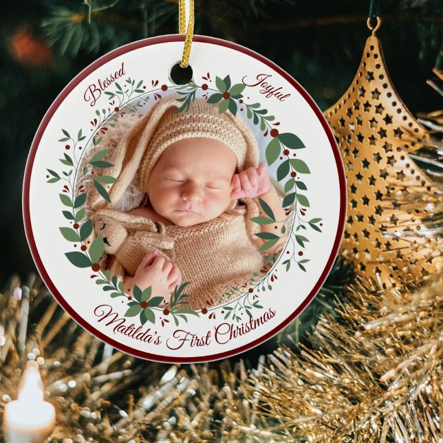 Babys First Christmas Photo Wreath Christmas Ceramic Ornament (Creator Uploaded)