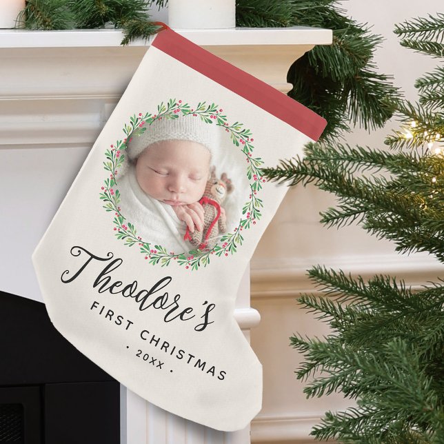 Baby's First Christmas Photo Wreath Name Keepsake Small Christmas Stocking (Baby's First Christmas Photo Wreath Name Small Christmas Stocking)