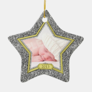 Baby's First Christmas Photo Xmas Silver Gold Star Ceramic Ornament