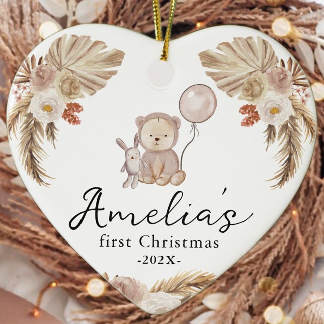 Baby's First Christmas Photo Year Cute Boho Bear Ceramic Ornament (Creator Uploaded)