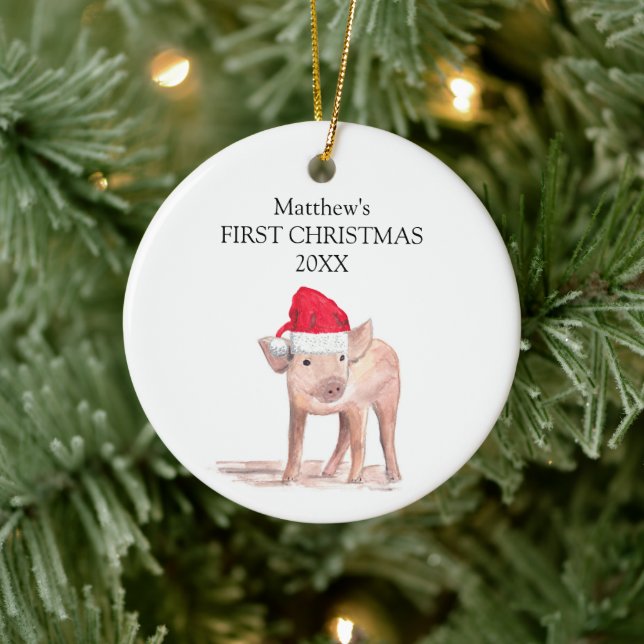 Baby's First Christmas Piglet Pig Forest Boy Ceramic Ornament (Tree)