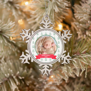 Baby's First Christmas Pine Tree Modern Elegant Snowflake Pewter Christmas Ornament