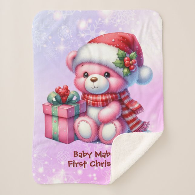 Baby's First Christmas Pink and Red Teddy Bear Sherpa Blanket (Front)