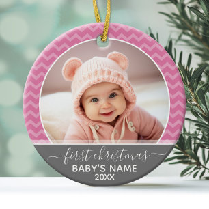 Babys First Christmas - pink chevrons and grey Ceramic Tree Decoration
