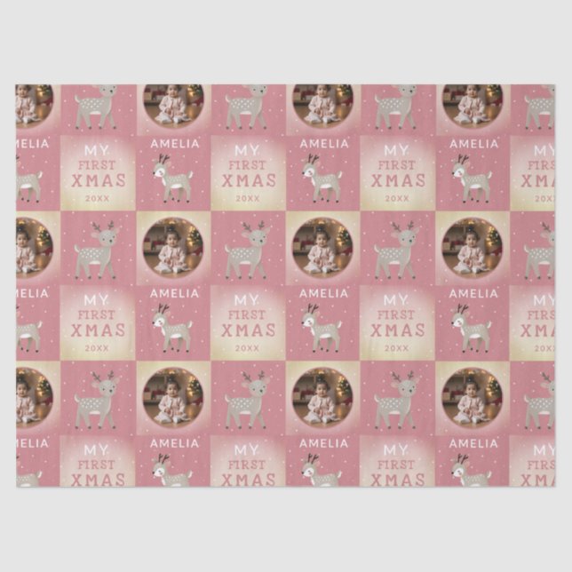 Baby's First Christmas Pink Deer Photo Tissue Paper (Front)