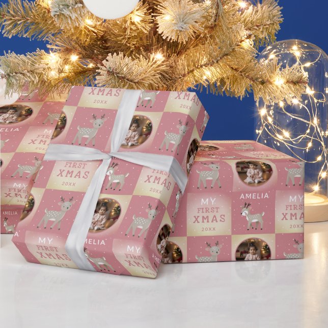 Baby's First Christmas Pink Deer Photo Wrapping Paper (Holidays)