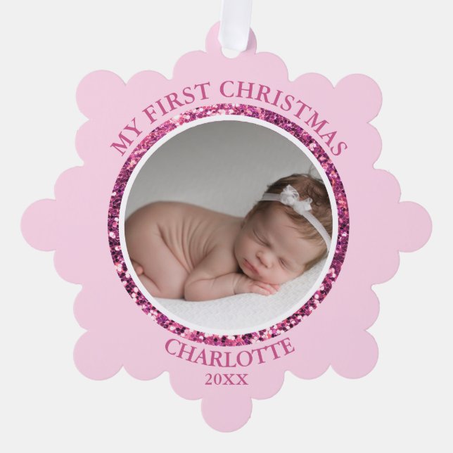Baby's First Christmas Pink Girl | Message & PHOTO Tree Decoration Card (Front)