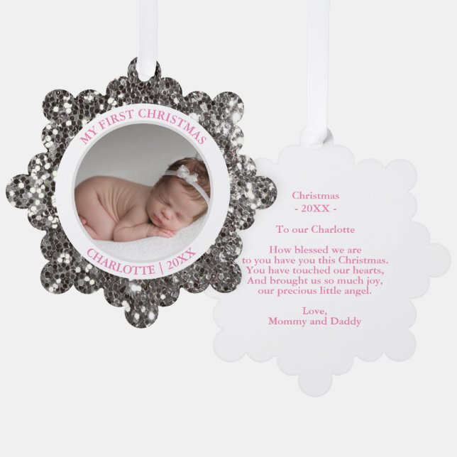 Baby's First Christmas Pink Girl | Message & PHOTO Tree Decoration Card (Front/Back)