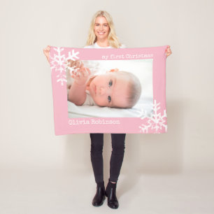 Baby's First Christmas Pink Photo with Snowflakes Fleece Blanket