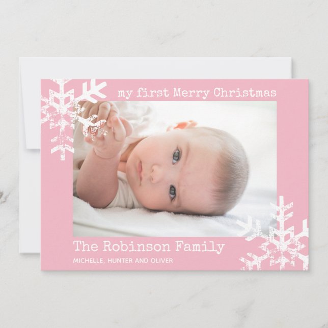 Baby's First Christmas Pink Photo with Snowflakes Holiday Card (Front)