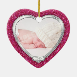 Babys First Christmas Pink Silver Photo Xmas Ceramic Ornament