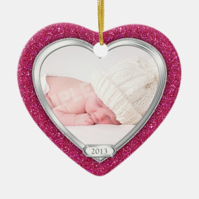 Babys First Christmas Pink Silver Photo Xmas Ceramic Ornament (Front)