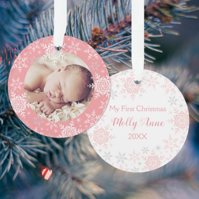Baby's First Christmas Pink Silver Snowflakes Ornament (Creator Uploaded)