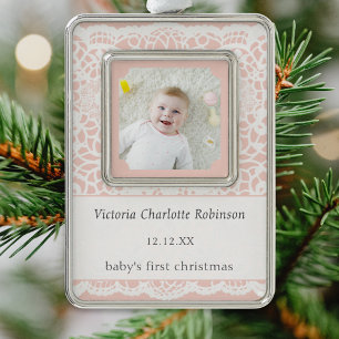 Baby's First Christmas Pink White Lace Photo Silver Plated Framed Ornament
