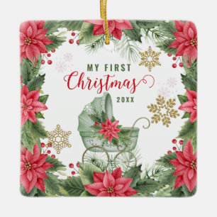 Baby's First Christmas Poinsettia Custom Photo Ceramic Ornament