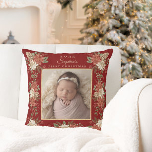 Baby's First Christmas Poinsettia Photo Cushion