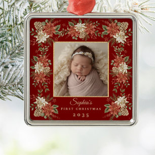 Baby's First Christmas Poinsettia Photo Metal Ornament
