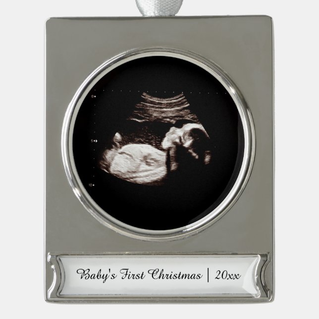 Babys First Christmas Pregnancy Ultrasound Photo Silver Plated Banner Ornament (Front)