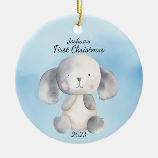 Baby's First Christmas Puppy Blue Personalised Ceramic Ornament