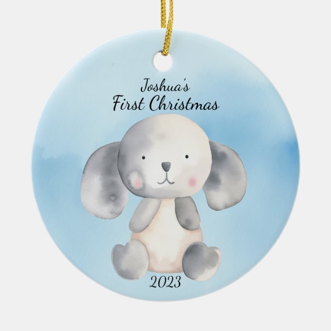 Baby's First Christmas Puppy Blue Personalised Ceramic Ornament (Front)