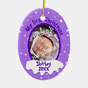 Baby's First Christmas Purple Personalised Photo Ceramic Ornament