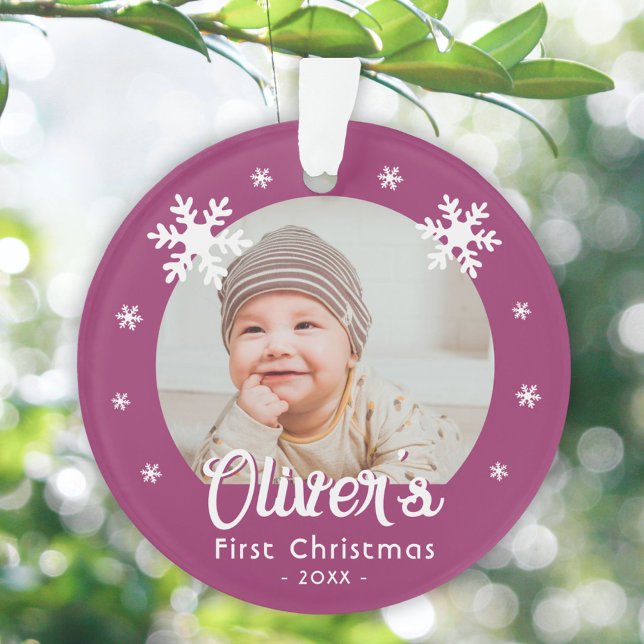 Baby's First Christmas Purple Snowflakes Photo Ornament (Creator Uploaded)