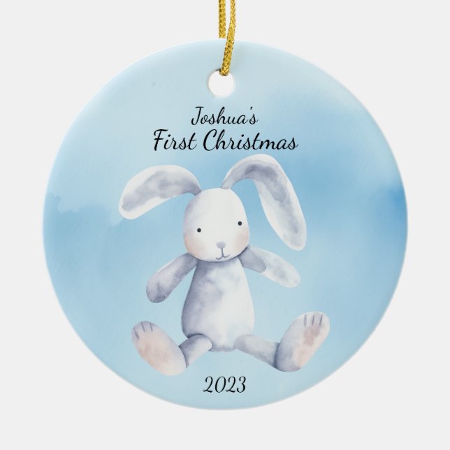 Baby's First Christmas Rabbit Blue Personalised Ceramic Ornament (Front)