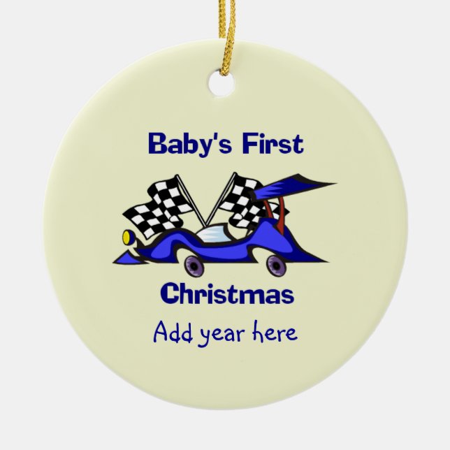 Babys First Christmas Racecar Ceramic Tree Decoration (Front)