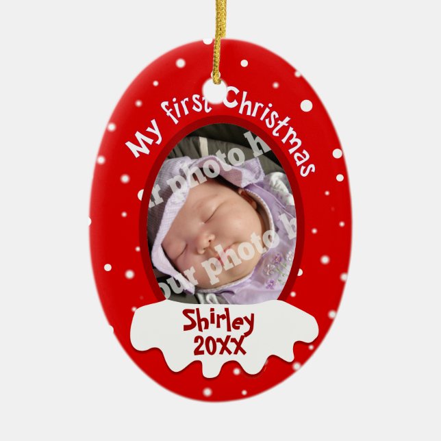 Baby's First Christmas Red Add Your Picture Name Ceramic Tree Decoration (Front)