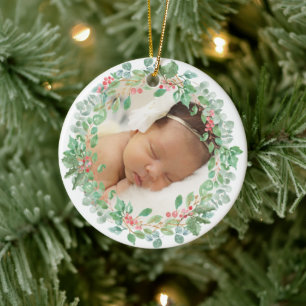 Baby's First Christmas Red Green Wreath Photo Ceramic Ornament