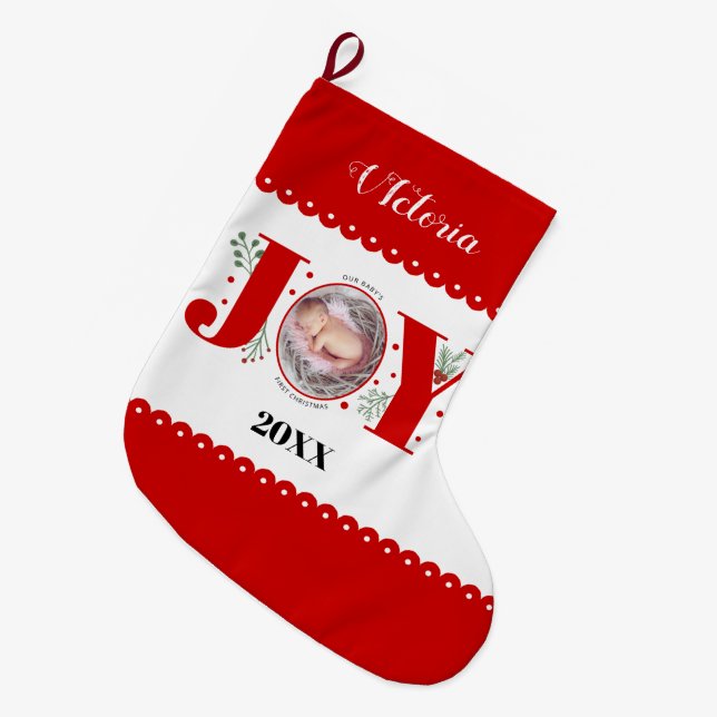 Baby's First Christmas Red Joy and berries photo  Large Christmas Stocking (Front (Hanging))