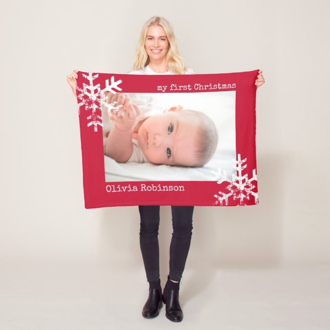 Baby's First Christmas Red Photo with Snowflakes Fleece Blanket (In Situ)