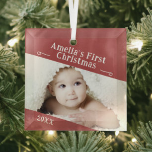 Baby's First Christmas Red Simple Photo Keepsake Glass Tree Decoration