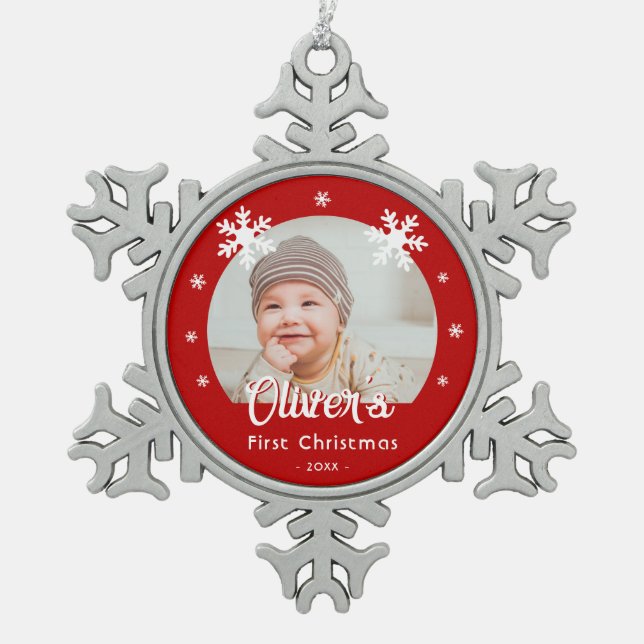 Baby's First Christmas Red Snowflakes Photo Snowflake Pewter Christmas Ornament (Front)