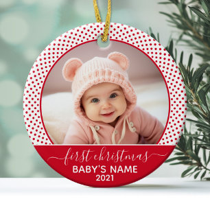 Babys First Christmas - red White Polka Dots Ceramic Ornament